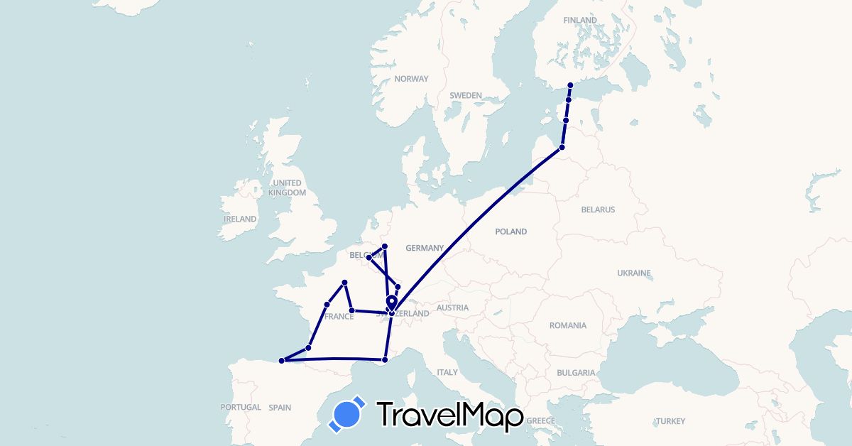 TravelMap itinerary: driving in Belgium, Switzerland, Germany, Estonia, Finland, France, Latvia (Europe)